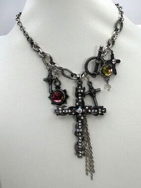 Gothic Cross Charm Necklace Statement Rhinestone Tassel Toggle Clasp